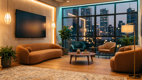 A warm modern meeting lounge with a wall display and city view