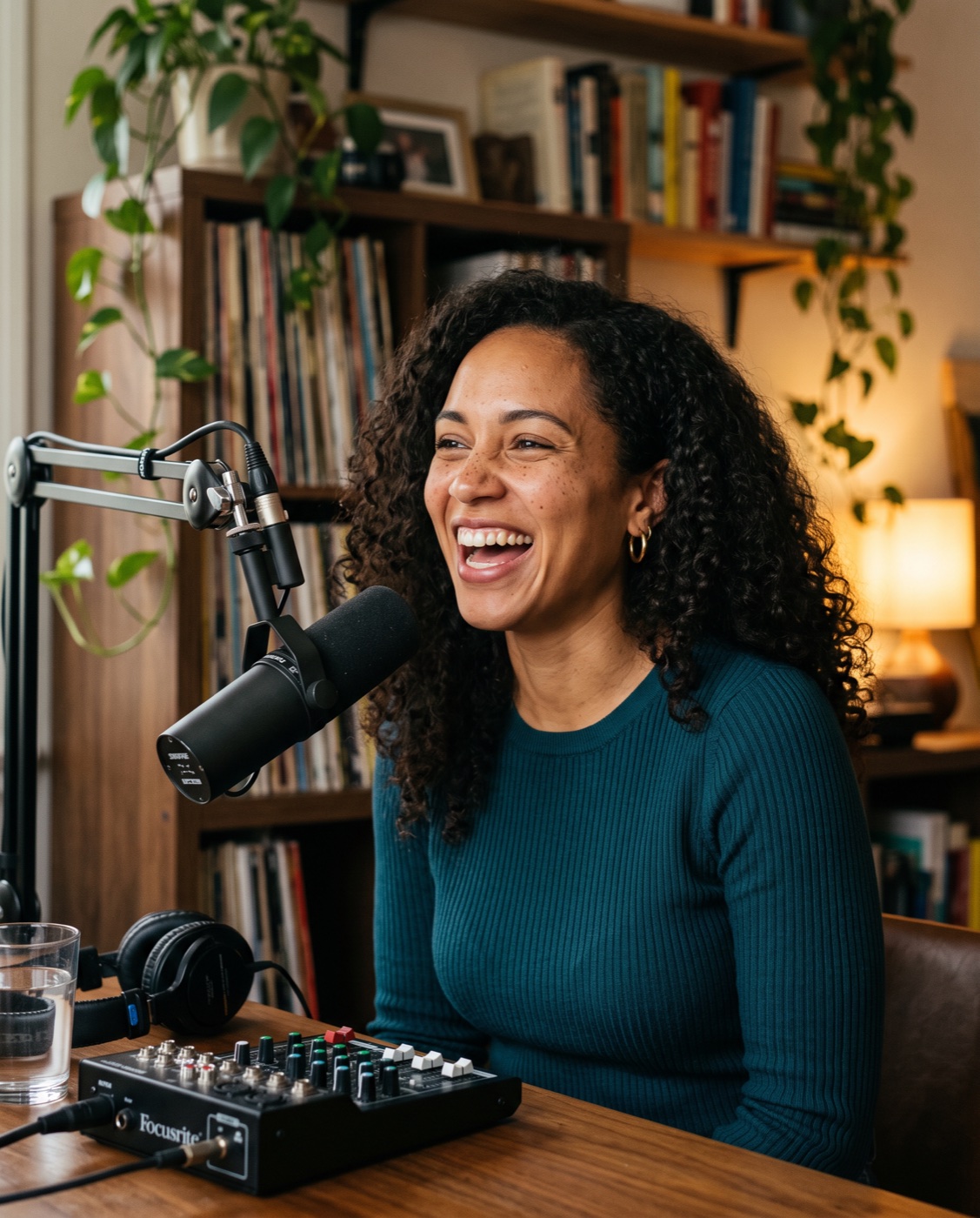 A host mid-conversation in a home studio