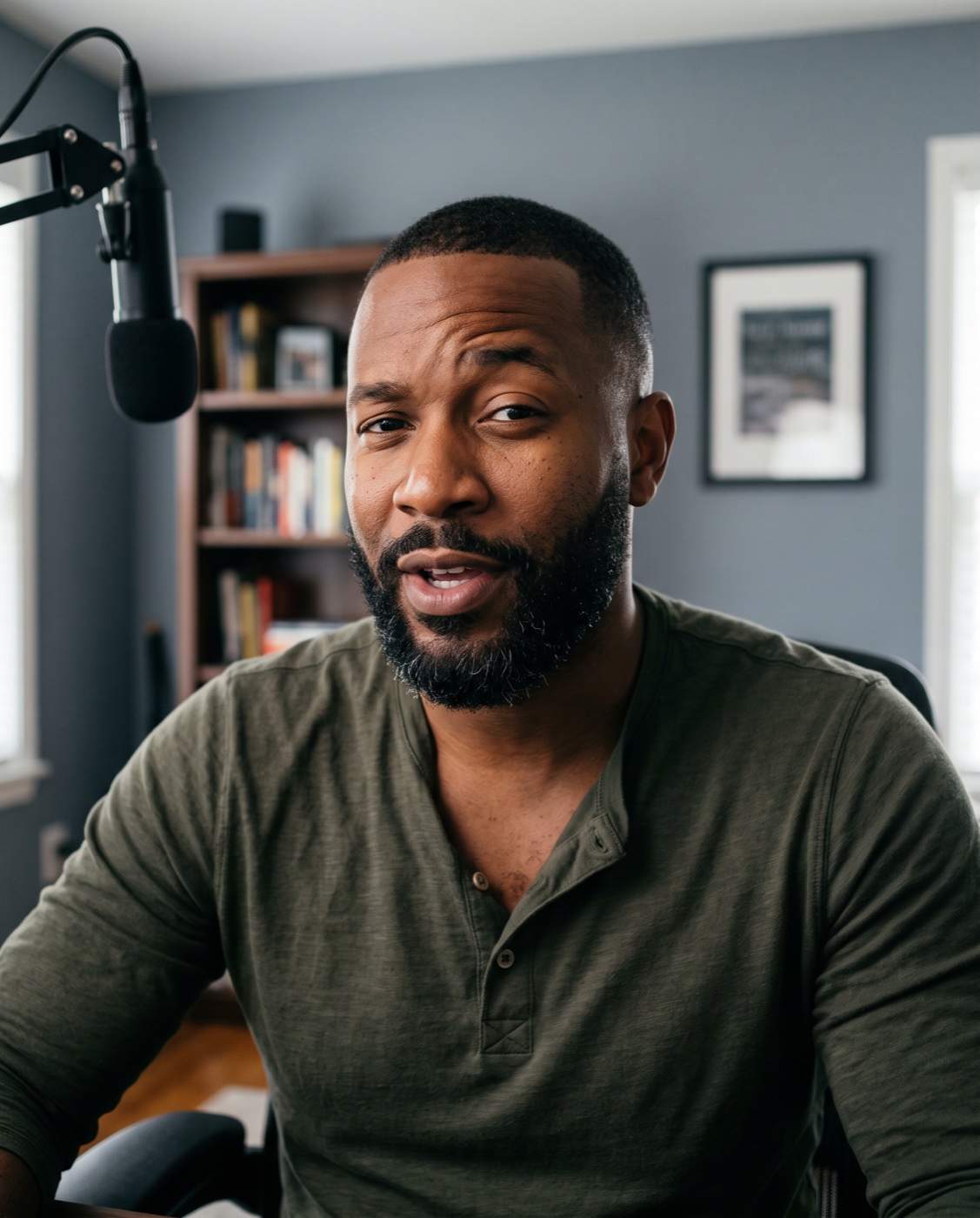 A co-host listening in his home office