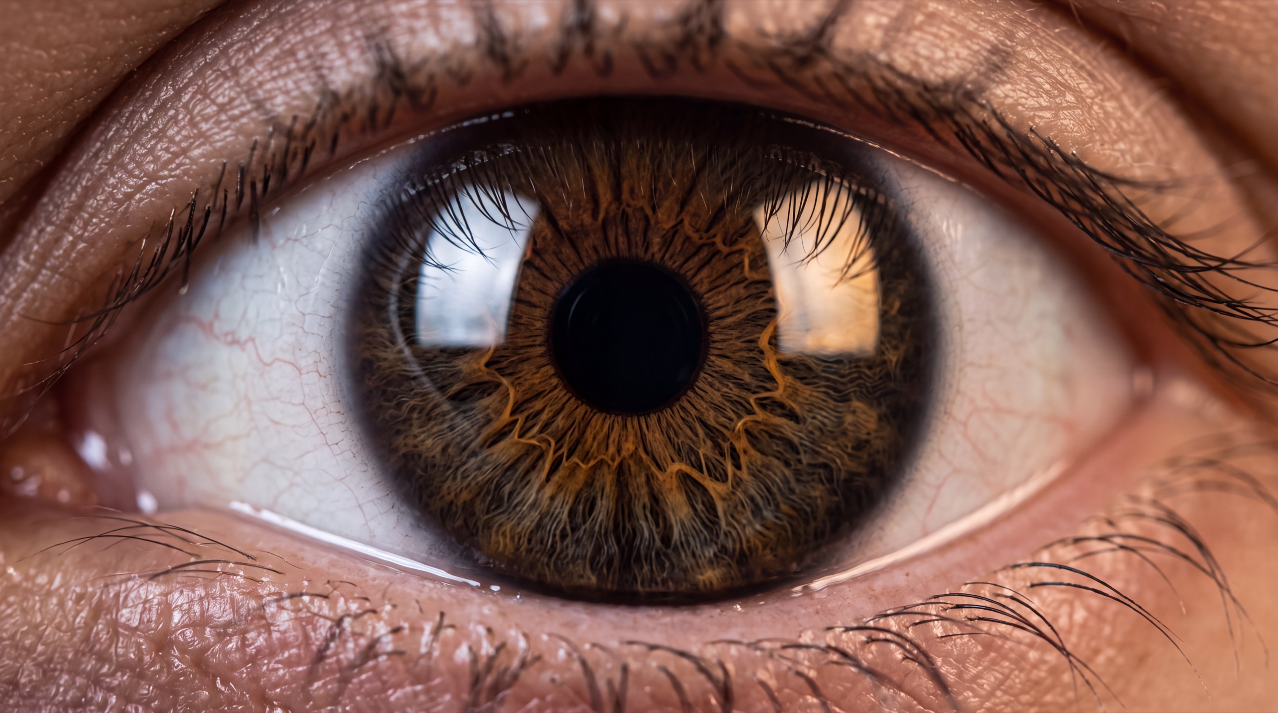 Extreme close-up of an eye, studio softboxes reflected in the cornea