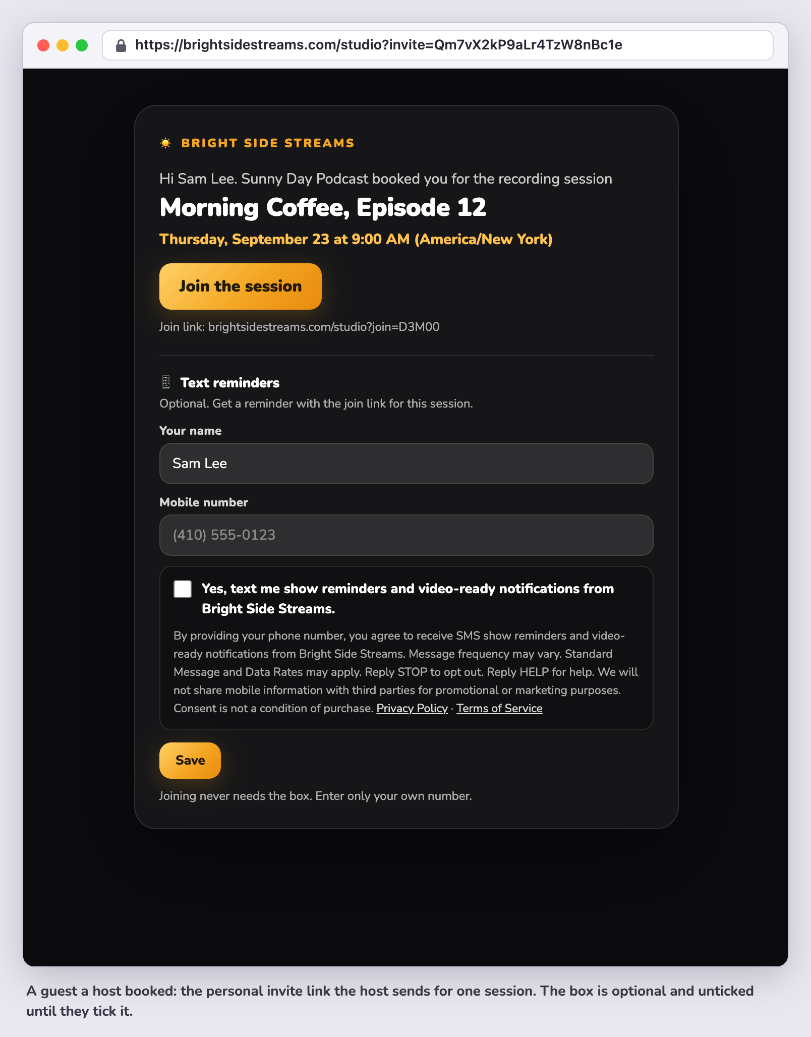 A guest's invite in the studio: who booked them, the session title and time, the join link, their name, a mobile number field, an unticked checkbox and the disclosure with Privacy Policy and Terms of Service links.