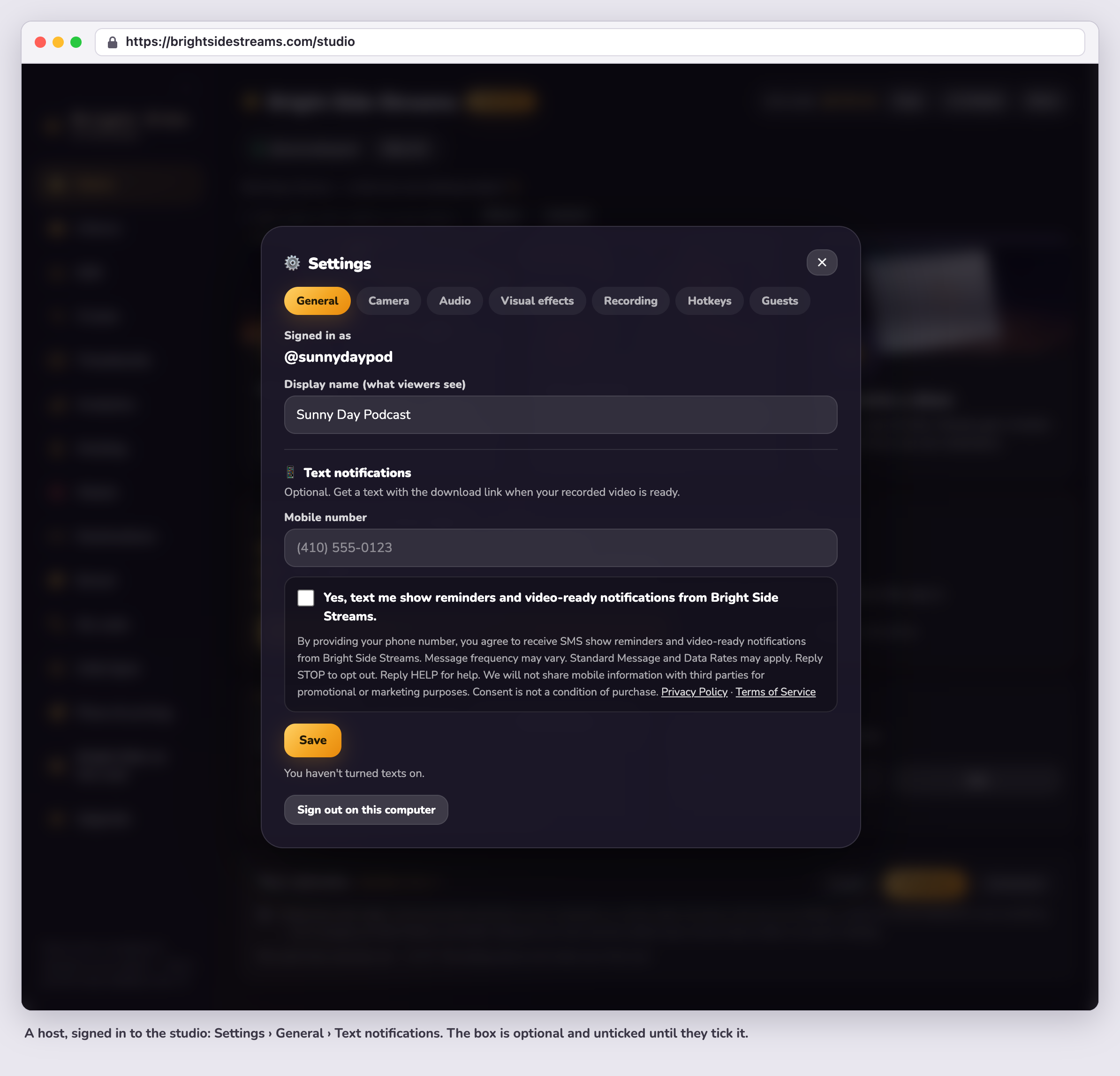 The studio's Settings, General tab, Text notifications: a mobile number field, an unticked checkbox, the disclosure below it with Privacy Policy and Terms of Service links, and a Save button.